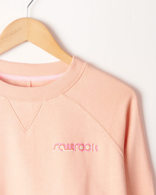 Pink sweatshirt labeled "Retro Ribbon Block" with Saltrock embroidery, hanging on a wooden hanger against a white background, with focus on the neckline detail.