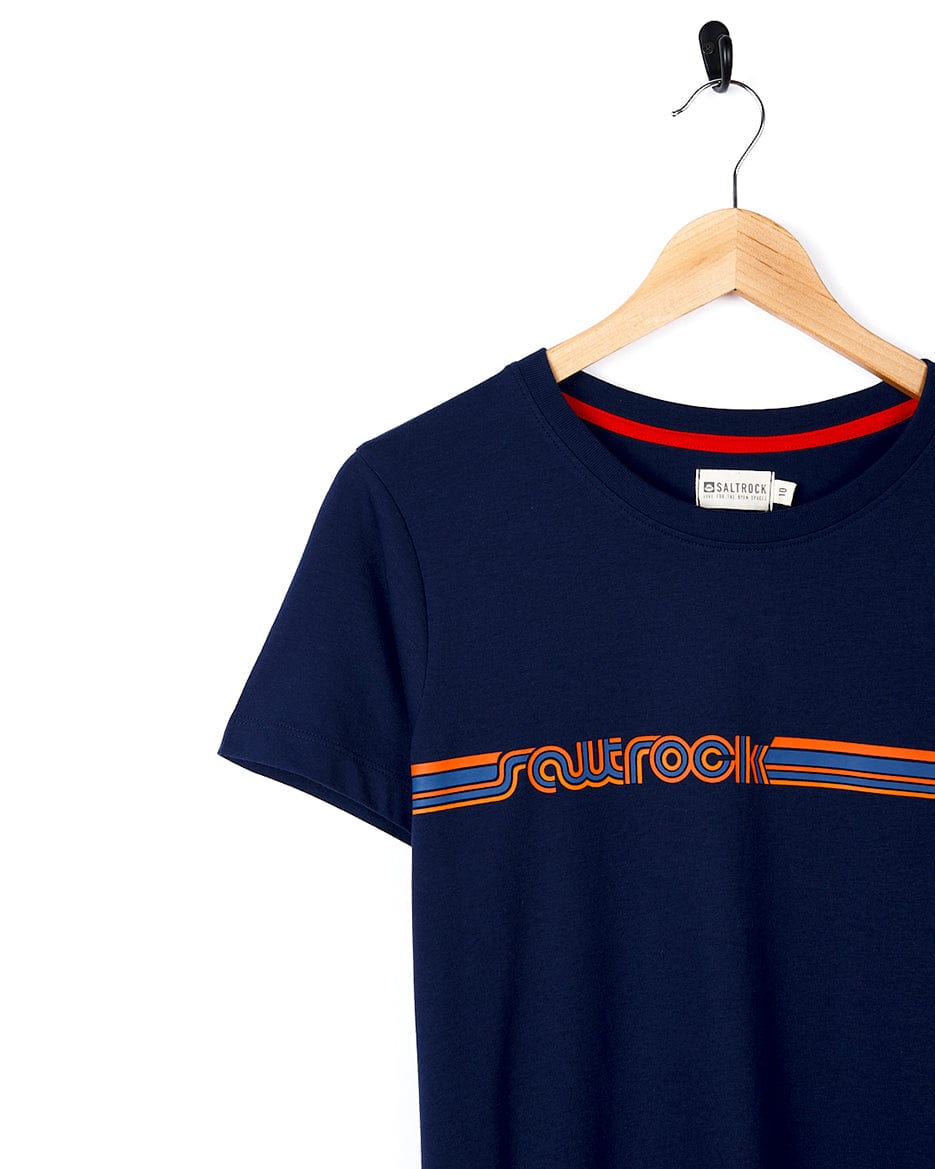 A Retro Ribbon - Womens Short Sleeve T-Shirt - Dark Blue with Saltrock branding.