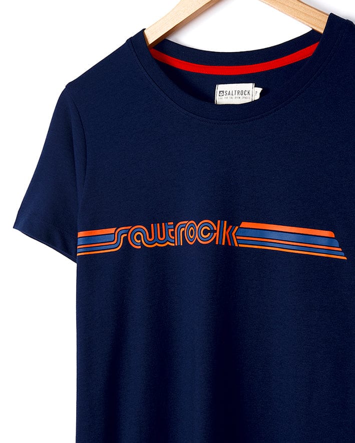 A Retro Ribbon - Womens Short Sleeve T-Shirt - Dark Blue with the Saltrock branding prominently featuring retro stripes.