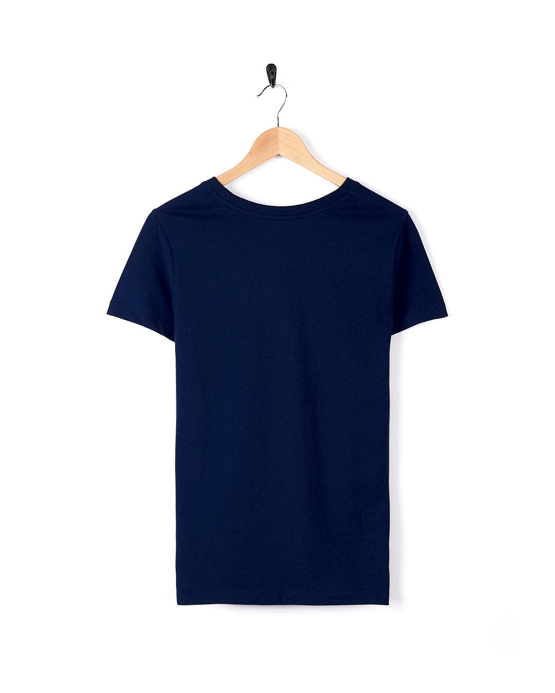A Saltrock Retro Ribbon - Womens Short Sleeve T-Shirt - Dark Blue, a lightweight cotton blend t-shirt, hanging on a hanger.