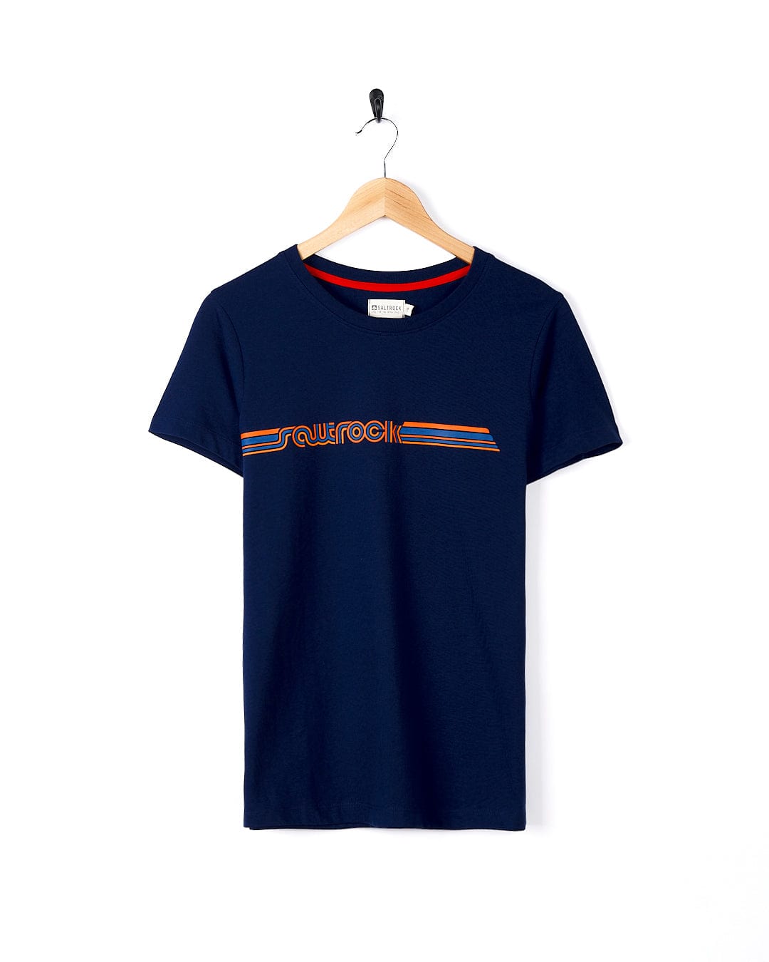 A Retro Ribbon - Womens Short Sleeve T-Shirt - Dark Blue with retro stripes by Saltrock.