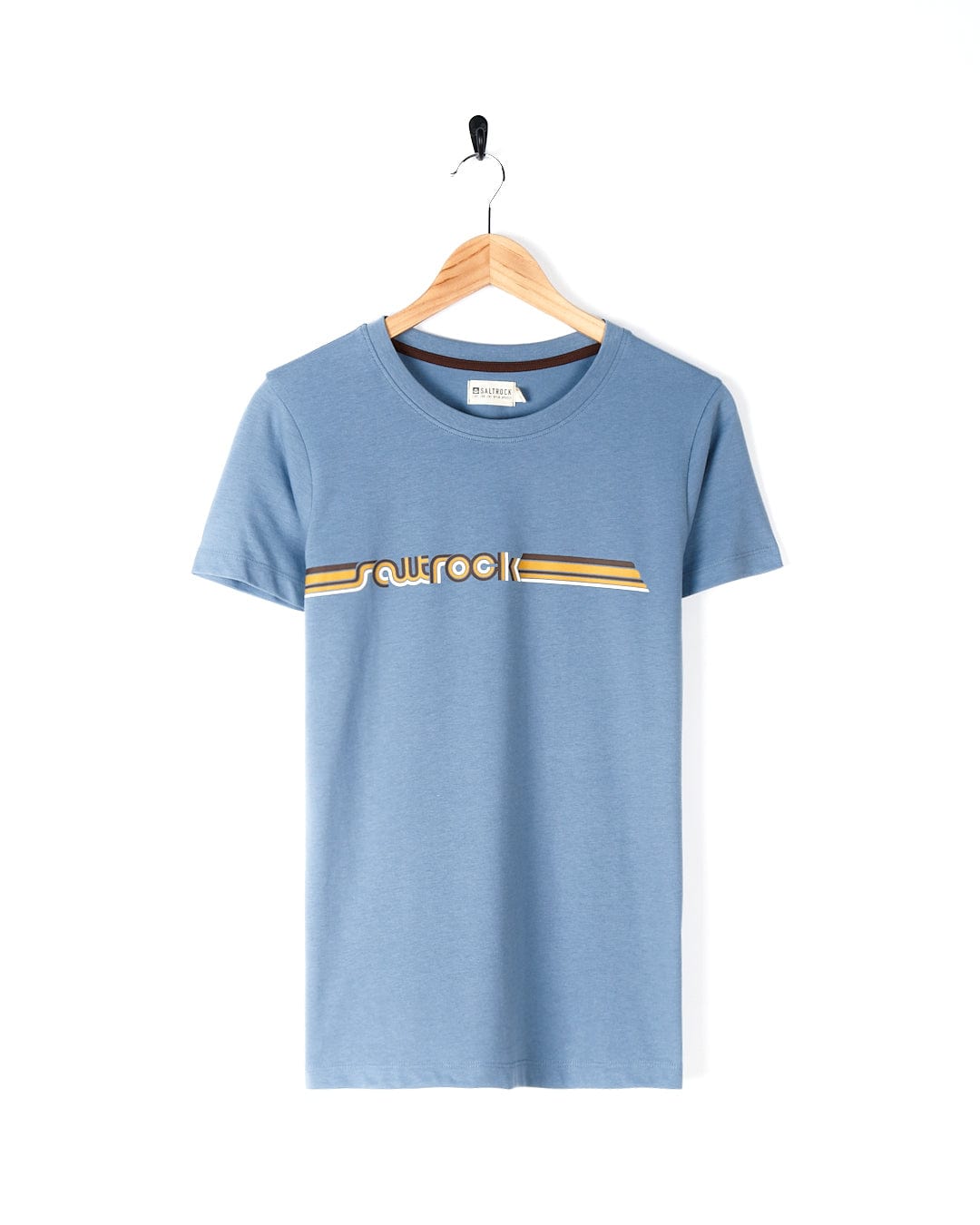 A lightweight cotton blend Retro Ribbon - Womens Short Sleeve T-Shirt - Light Blue with a retro ribbon tee design featuring Saltrock branding.