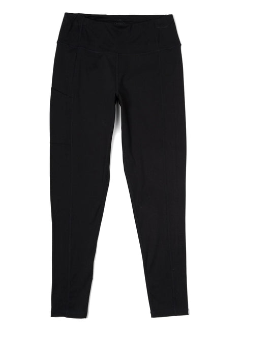 These Saltrock Retro Ribbon women's black leggings feature a soft fabric and stretch design, showcased on a white background.