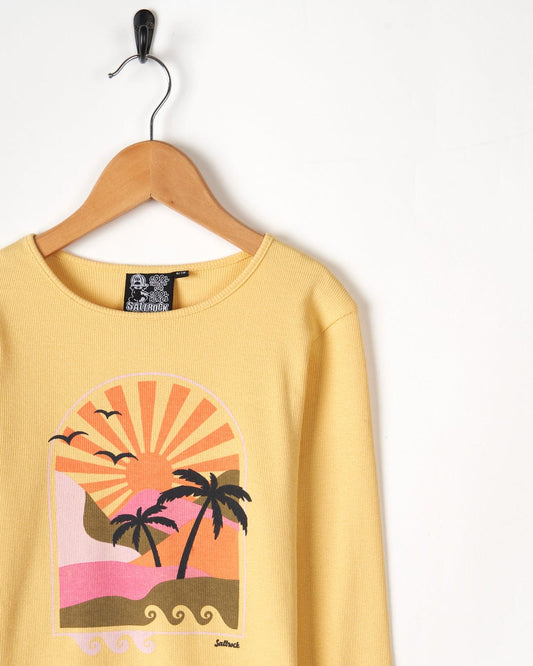 A Retro Seascape - Kids Long Sleeve T-Shirt - Yellow sweatshirt with an image of a beach and palm trees by Saltrock.