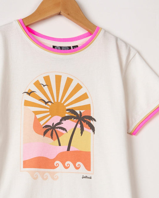 A Retro Seascape - Kids Short Sleeve T-shirt in white with a 100% Cotton fabric featuring a Sunset Illustration of a beach and palm trees by Saltrock.