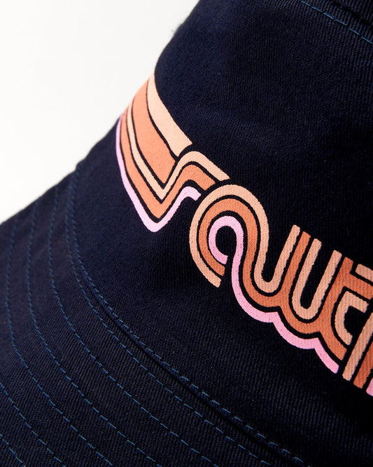 Close-up of a Retro Stripe Bucket Hat - Navy by Saltrock with Contrasting orange and pink embroidered detailing.