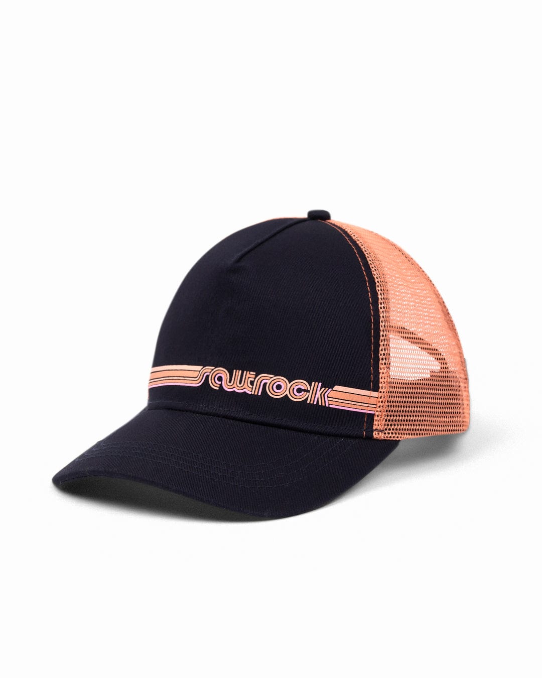 Navy and orange Retro Stripe Trucker Cap with Saltrock branding on white background.