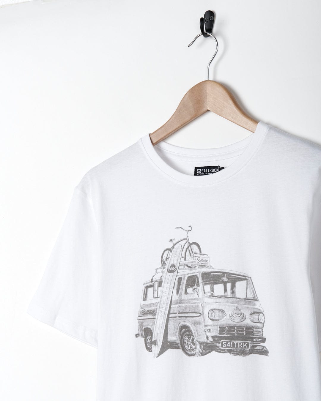A Saltrock Re-Wild - Mens Short Sleeve T-Shirt in White with a surfing graphic on it.