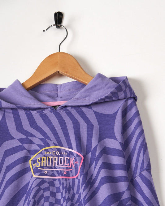 Purple and white striped Rezz - Recycled Kids Lightweight Pop Hoodie with a "Saltrock" logo hanging on a wooden hanger against a white background.