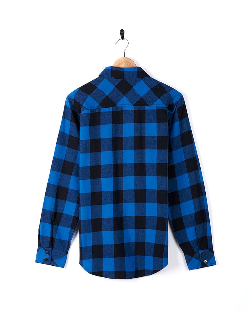 A Rosalin - Womens Check Shirt - Blue/Black made of cotton, hanging on a hanger.