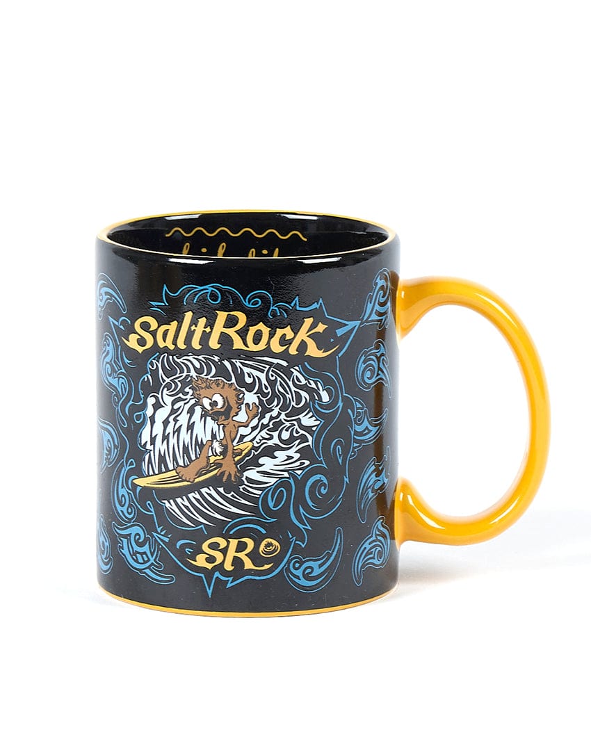 A Running Man Tube - Mug - Black featuring a Saltrock graphic of a surfboard.