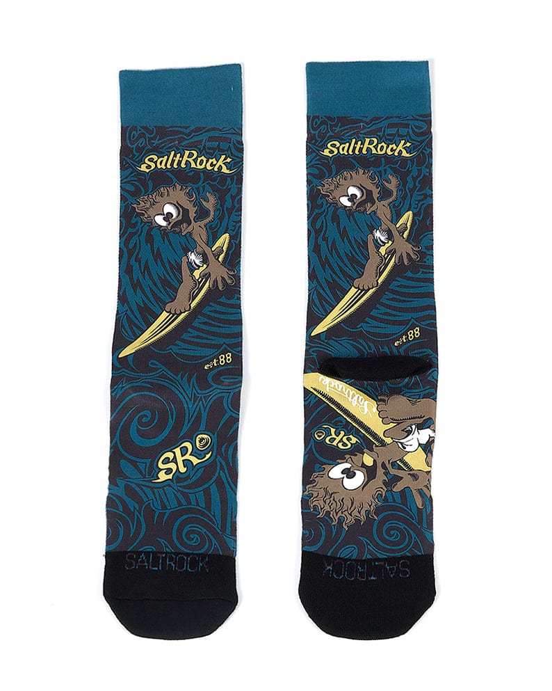 A pair of Saltrock Running Man Tube - Mens Socks - Blue with an image of a surfer on a surfboard.