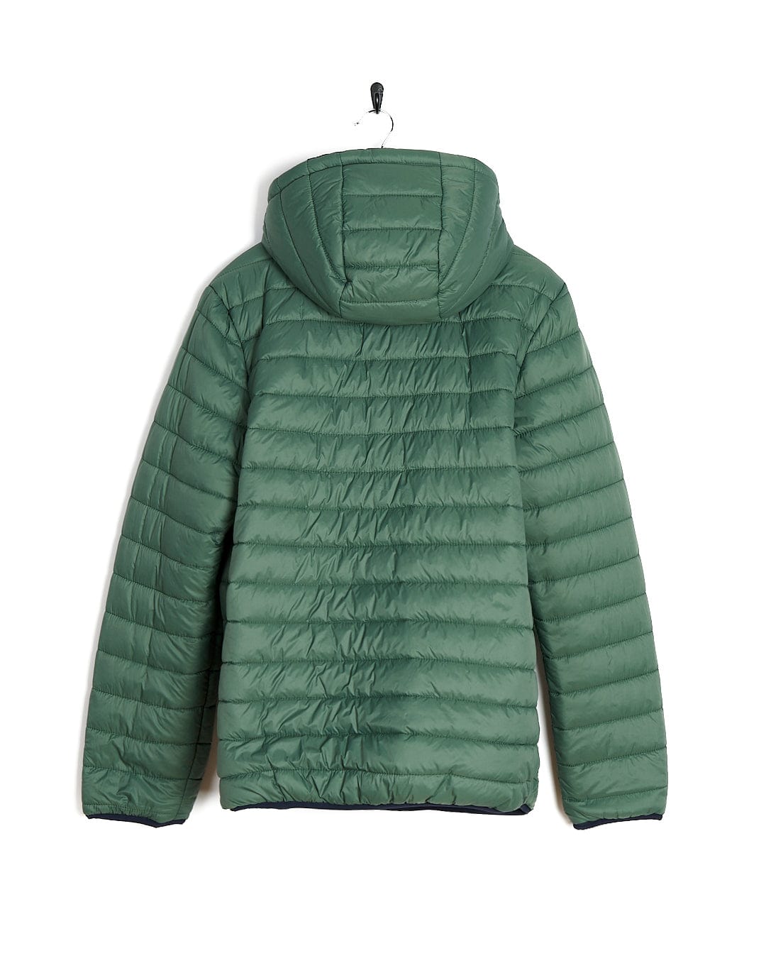 A Saltrock Rusik 2 - Reversible Padded Jacket - Green/Blue with zip pockets, hanging on a wall.
