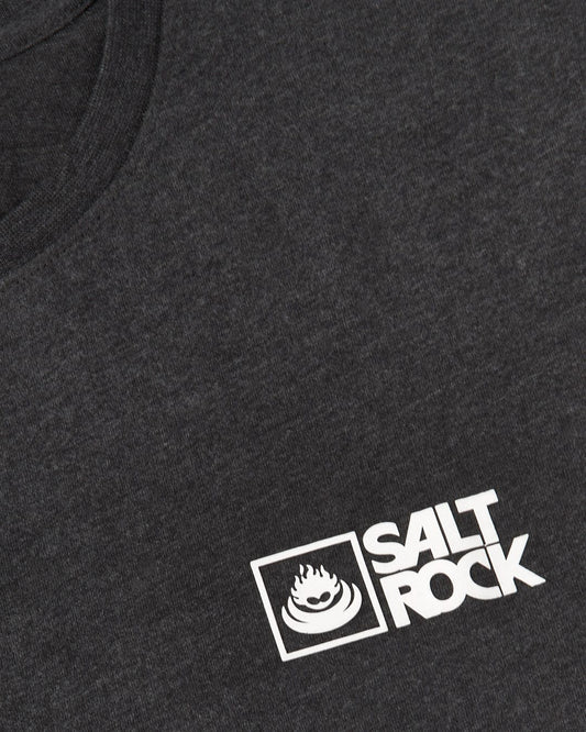 Close-up of a Saltrock Original - Mens Short Sleeve T-Shirt - Dark Grey with the logo "salt rock" and a stylized flame icon within a white rectangular outline.