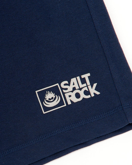 Blue fabric with a 'Saltrock Original - Mens Sweat Shorts - Dark Blue' logo printed on the corner.