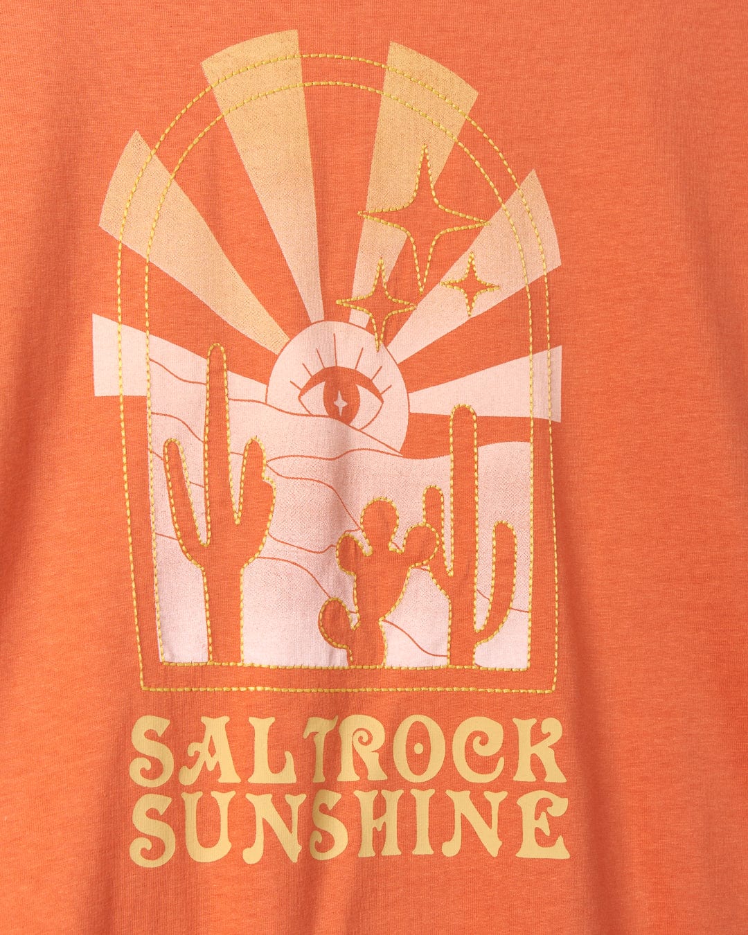 An orange graphic T-shirt featuring a mystic desert sunset design with cacti, stars, and the text "Saltrock Sunshine," complete with Saltrock branding on a boxy, relaxed fit.
Product Name: Saltrock Sunshine - Recycled Womens Cropped T-Shirt - Orange
Brand Name: Saltrock