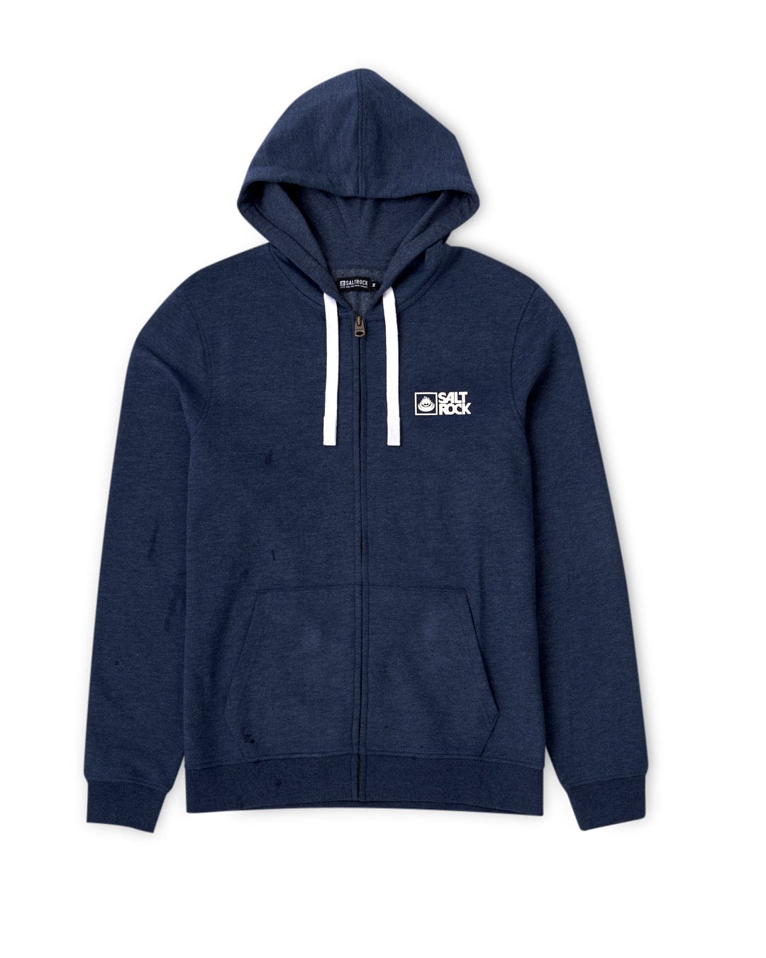 A soft jersey material navy hoodie with a white Saltrock Original - Mens Zip Hood - Blue Marl branding logo on it.