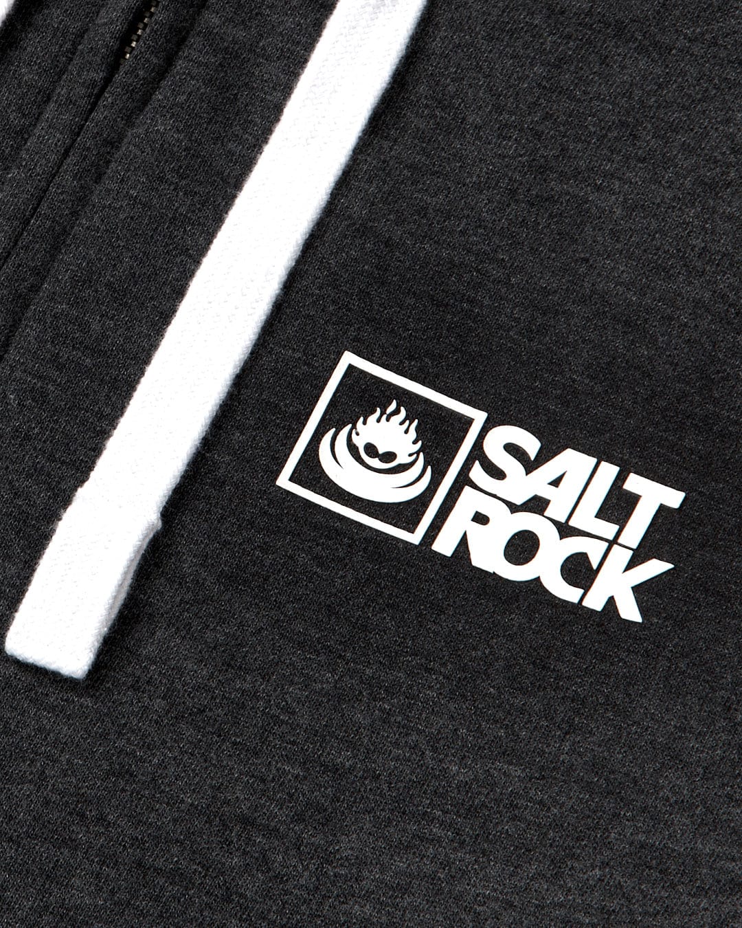 The Saltrock Original - Mens Zip Hood - Dark Grey logo on a black, cotton/polyester blend hoodie with a hood.
