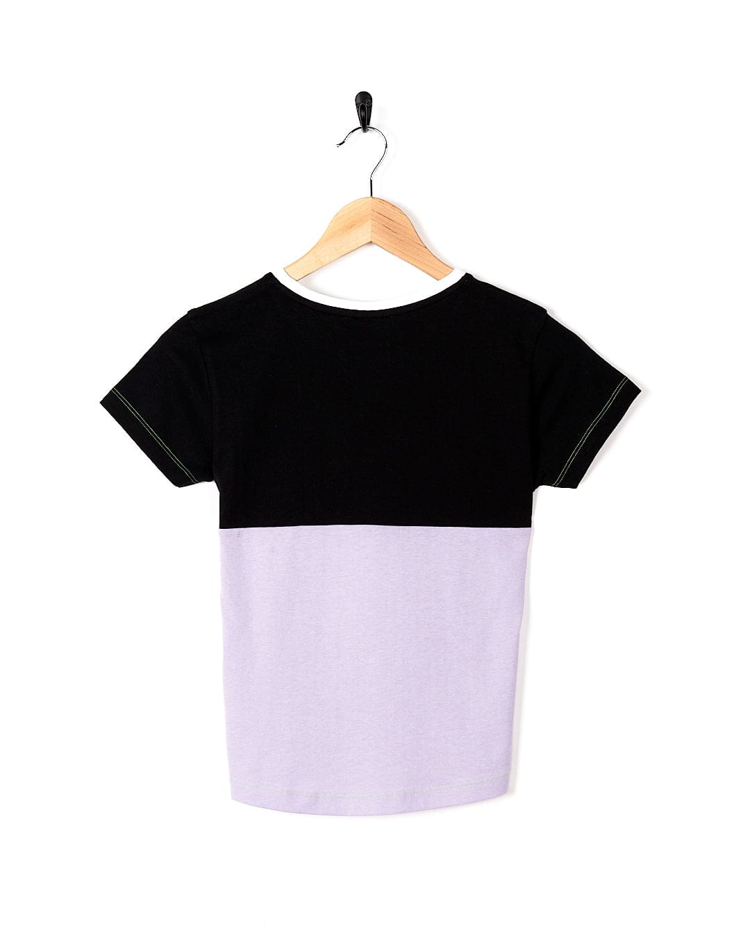 A Saltrock Samarria Tex - Kids Short Sleeve T-Shirt - Light Purple hanging on a wooden hanger.