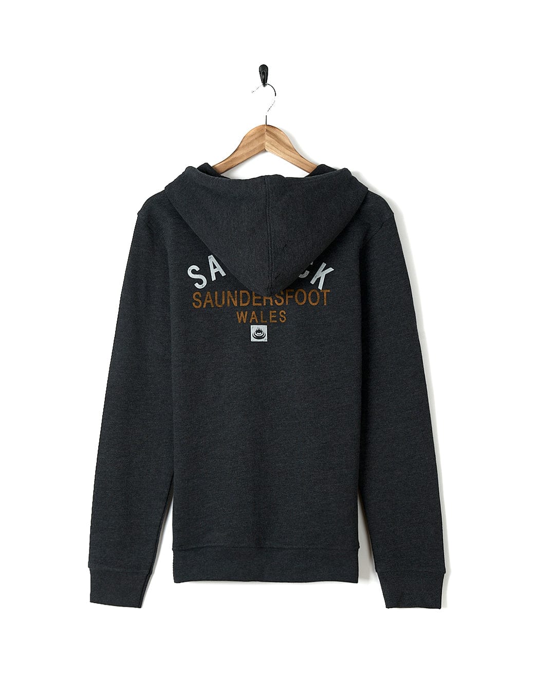 A Saltrock Location Zip Hoodie - Saundersfoot - Dark Grey with the word sandbox on it.