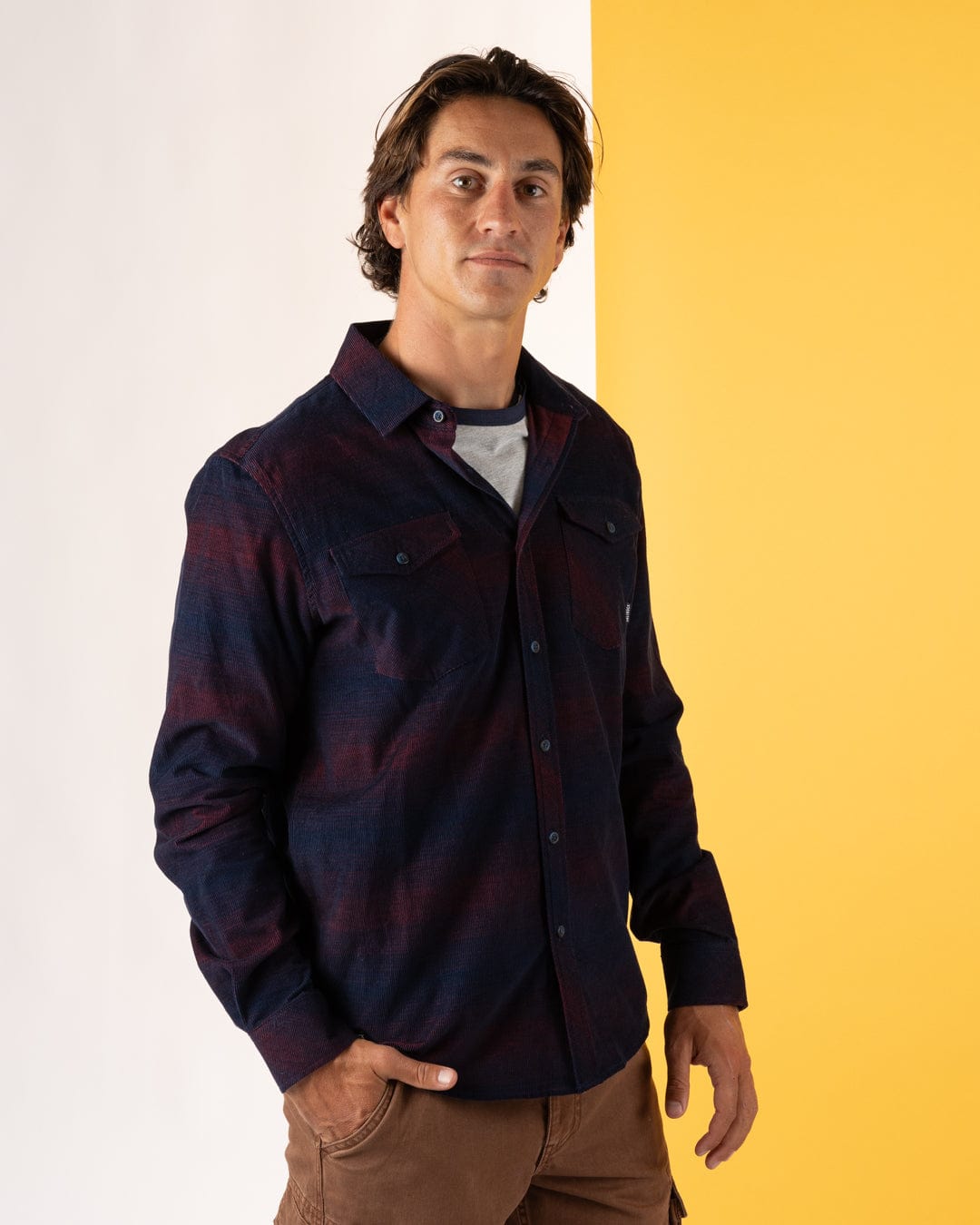 Linus - Mens Corduroy Shirt - Blue/Burgundy