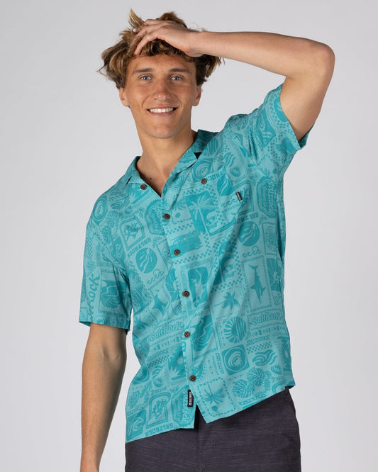 Heritage Tiles Mens Short Sleeve Shirt in Blue