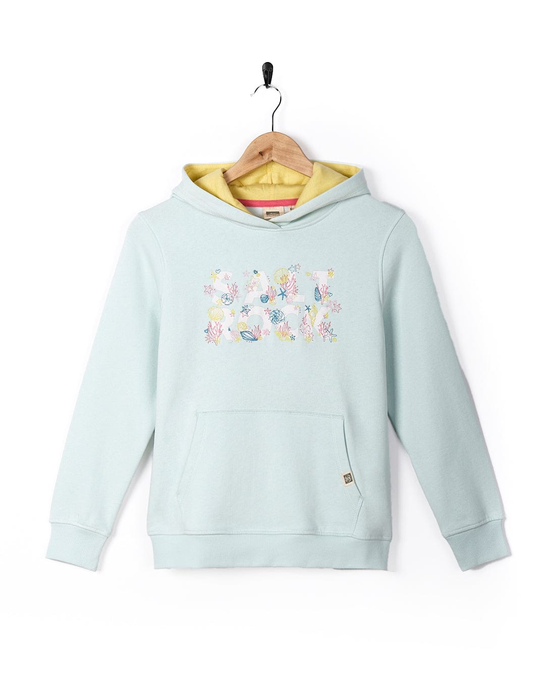 A Seabed - Kids Pop Hoodie - Light Blue sweatshirt with a yellow hood on a Saltrock swinger.