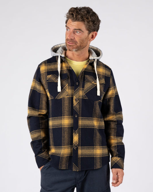 Beale - Mens Hooded Check Shirt - Yellow/Blue