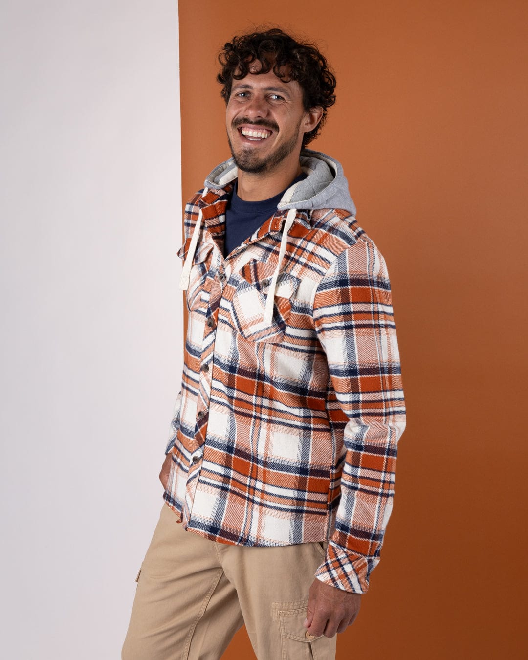 Beale - Mens Hooded Check Shirt - Orange