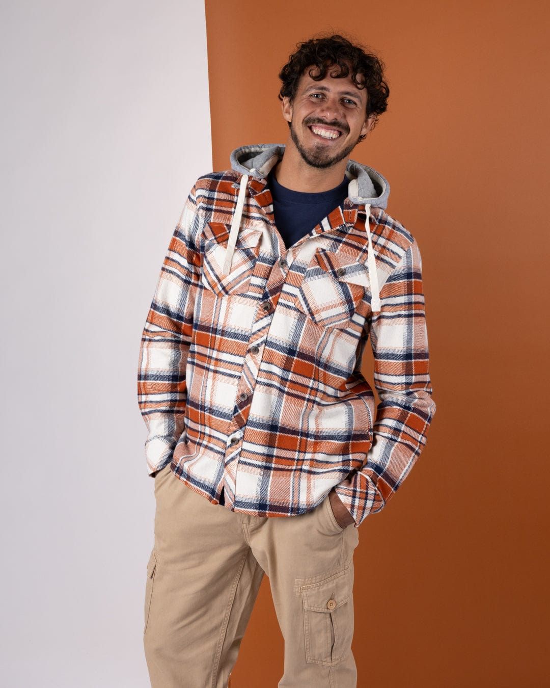 Beale - Mens Hooded Check Shirt - Orange