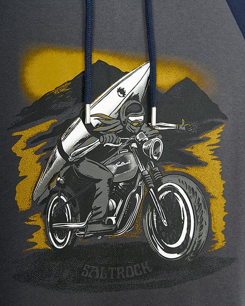 A Skelly Rider - Mens Pop Hoodie - Dark Grey from Saltrock with a man riding a motorcycle with a surfboard.