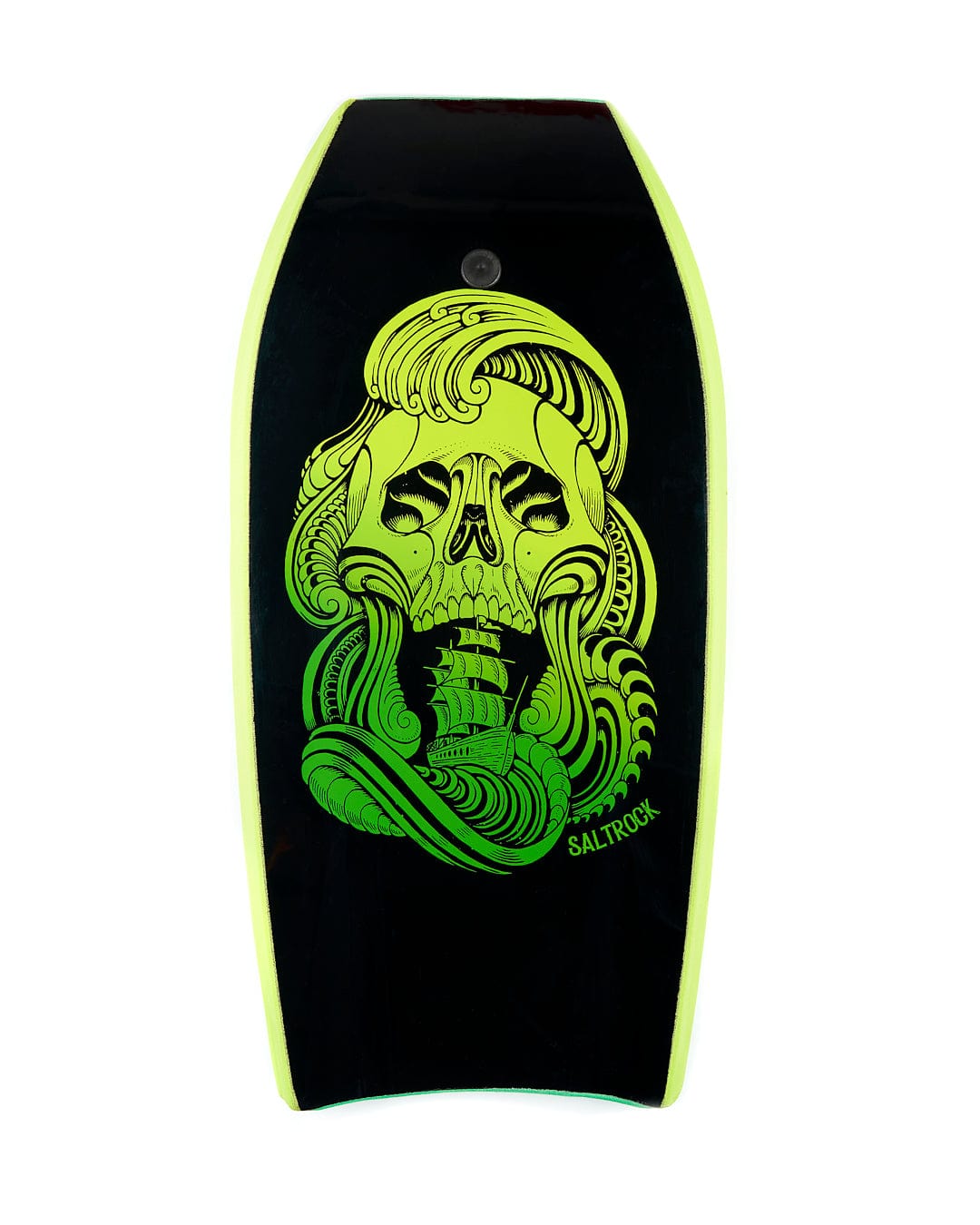 A Saltrock Skullduggery 41" Bodyboard - Green with a skull on it.