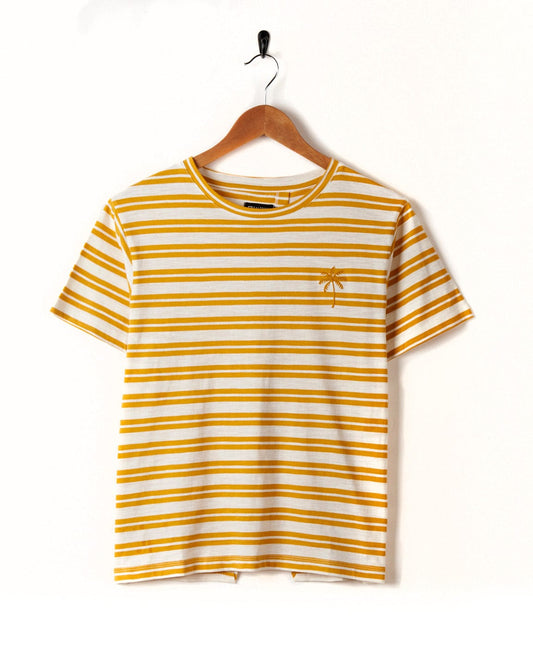 Yellow and white yarn dye stripe print Sky - Womens Short Sleeve T-Shirt in Yellow with a small embroidered palm tree, hanging on a hanger against a plain white background by Saltrock.