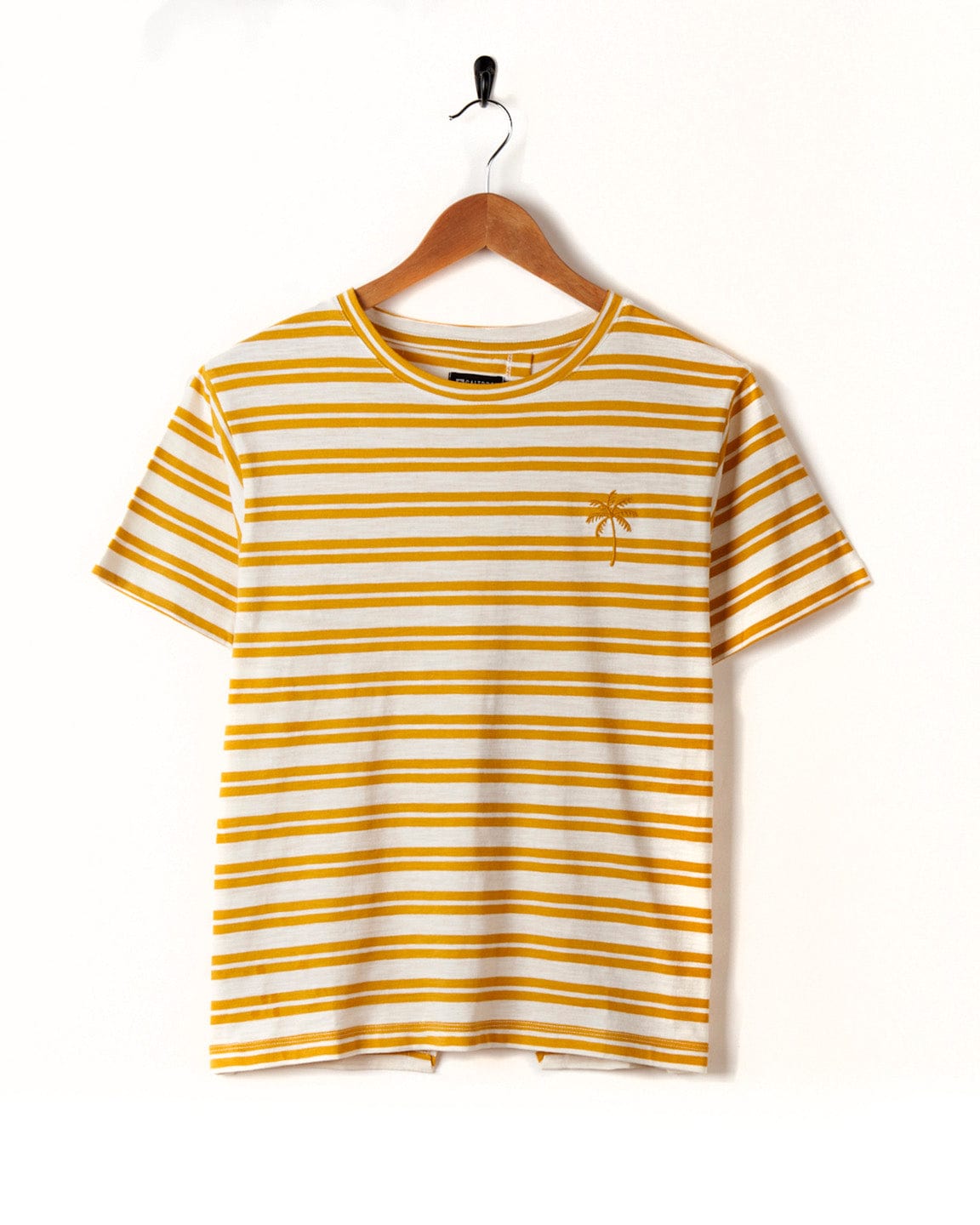 Yellow and white yarn dye stripe print Sky - Womens Short Sleeve T-Shirt in Yellow with a small embroidered palm tree, hanging on a hanger against a plain white background by Saltrock.