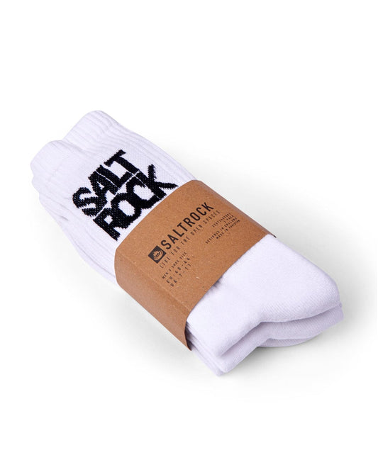 Athletic 3 Pack of Socks - White with ribbed thick warm material and black Saltrock branding, neatly folded and wrapped in a brown cardboard band featuring the Saltrock logo and text.