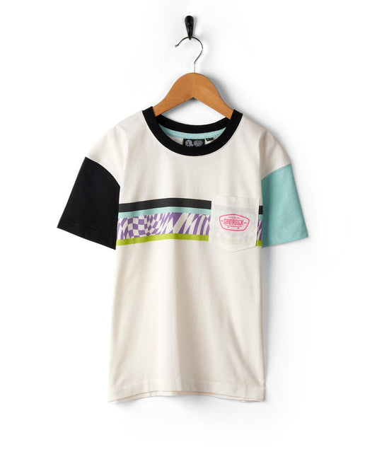 A Saltrock Soda Recycled Kids Short Sleeve T-Shirt - White with black, white, and mint sections, and a patterned stripe, hanging on a wall hanger against a white background.