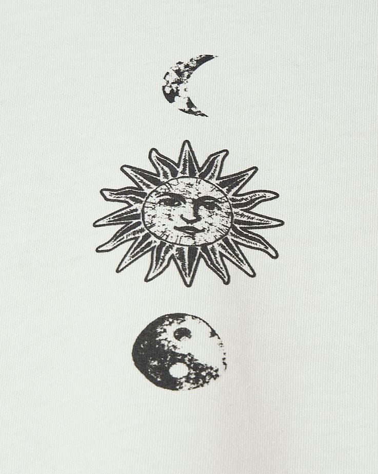 A Saltrock Solstice - Womens Long Sleeve Raglan - Cream with a sun and moon on it.