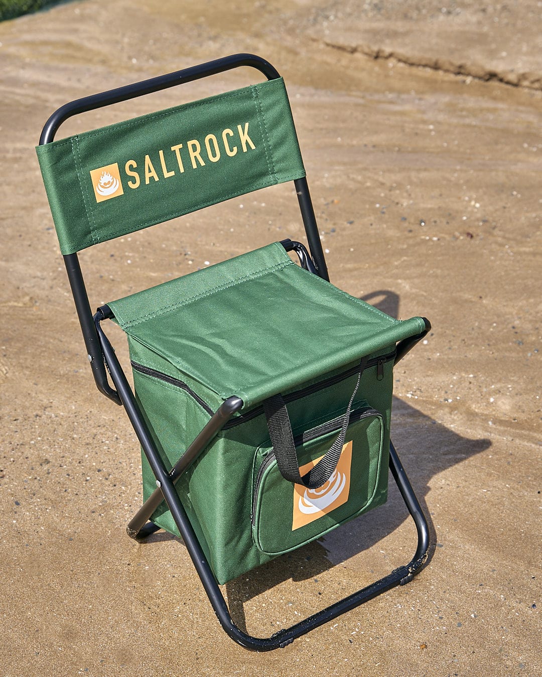 A Spectator - Foldable Chair with Cooler Bag - Dark Green chair with the word Saltrock on it.