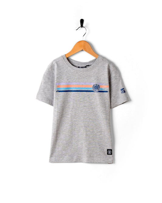 A grey Saltrock Cotton t-shirt with a pink and blue Spray Stripe.