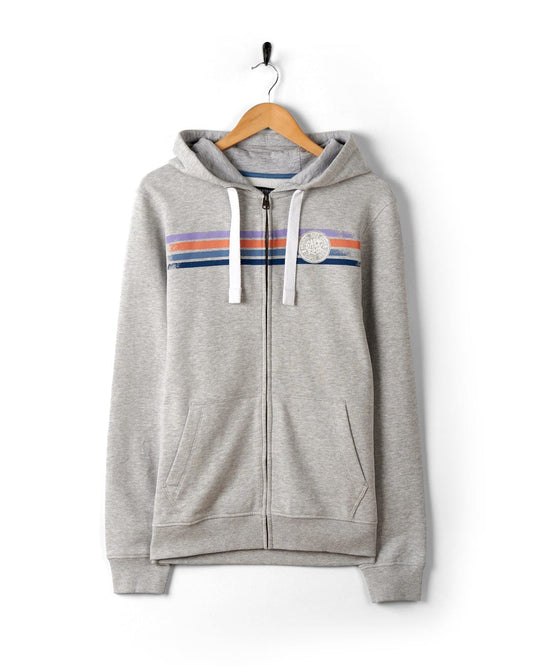 Gray Spray Stripe - Mens Zip Hoodie - Grey Marl with a drawstring hood, displayed on a hanger against a white background.