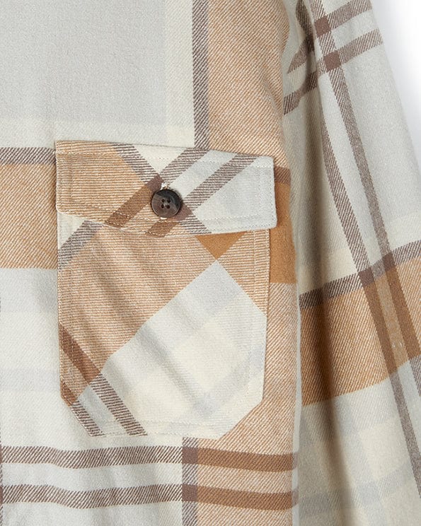 A white and brown plaid Saltrock Stella - Women's Checked Borg Lined Shacket - Cream with a pocket.