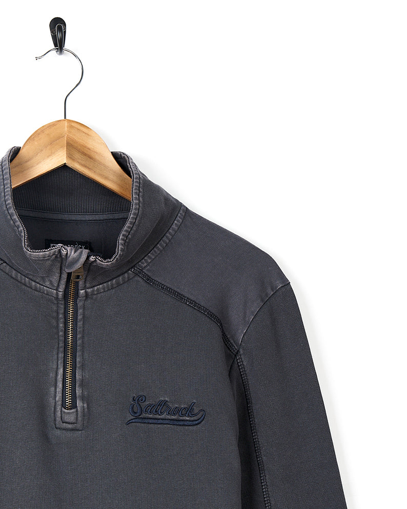 A fashion-forward Stellan - Mens 1/4 Neck Sweat - Grey Acid Wash sweatshirt hanging on a hanger. (Brand: Saltrock)