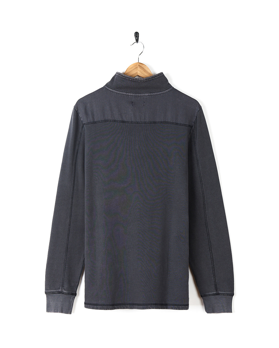 A fashion-forward Stellan - Mens 1/4 Neck Sweat - Grey Acid Wash by Saltrock hanging on a wooden hanger.