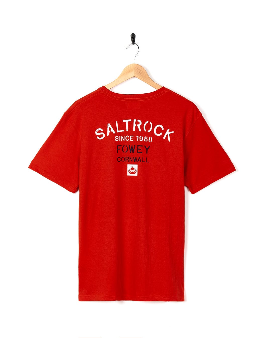 A Stencil - Mens Fowey Location T-Shirt - Red with the brand name Saltrock on it.