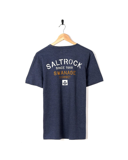 A Stencil - Mens Location T-Shirt - Swanage - Blue that says "Saltrock Swag.