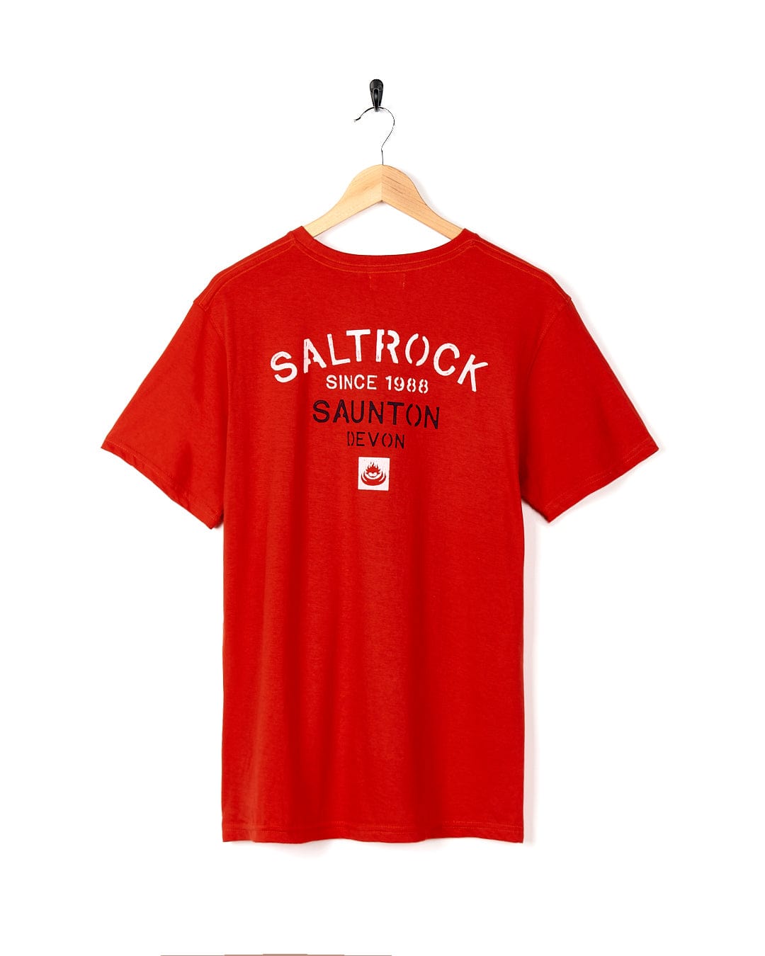 A Stencil - Mens Location T-Shirt - Saunton- Red with the brand name Saltrock on it.