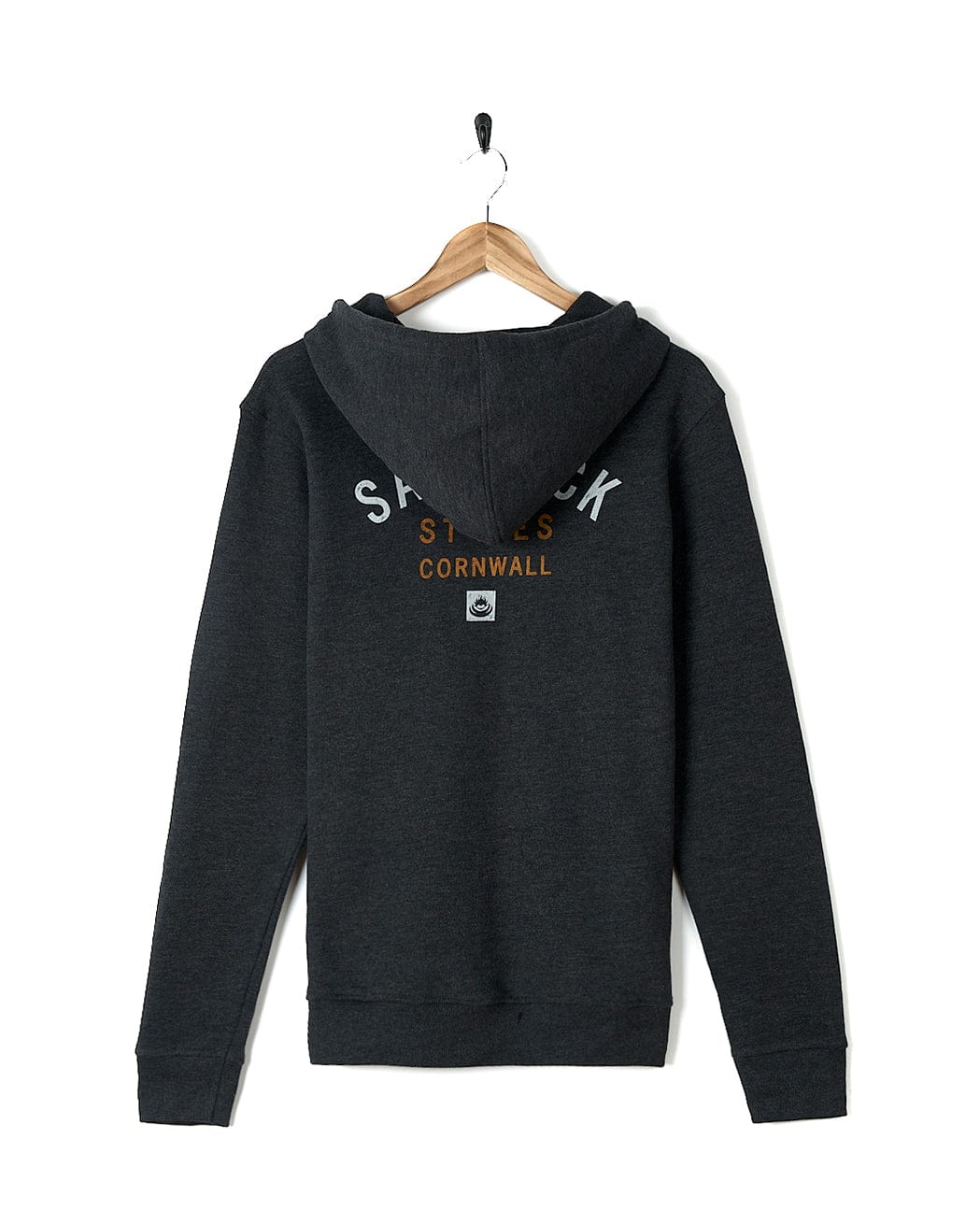 A Saltrock Location Zip Hoodie - St Ives - Dark Grey with an orange logo on it.