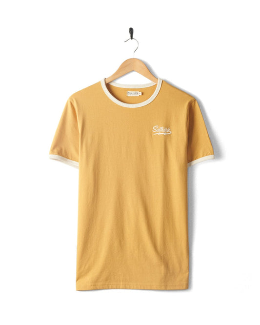 Yellow Strike Ringer - Mens Short Sleeve T-Shirt with Saltrock embroidery on the chest, hanging against a white background.