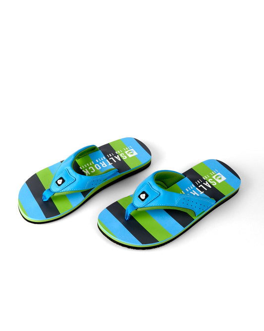 Introducing Saltrock's "Striped - Mens Flip Flops - Blue": featuring blue and green stripes, ergonomic blue straps, and the iconic Saltrock branding.
