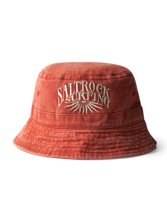 Burnt Orange Sunburst Bucket Hat with Saltrock surfing embroidery logo on a white background.